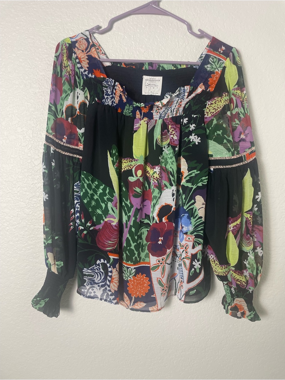 Anthropologie LiLi Sire XS Floral Peasant Blouse Smocked Balloon Sleeve Boho